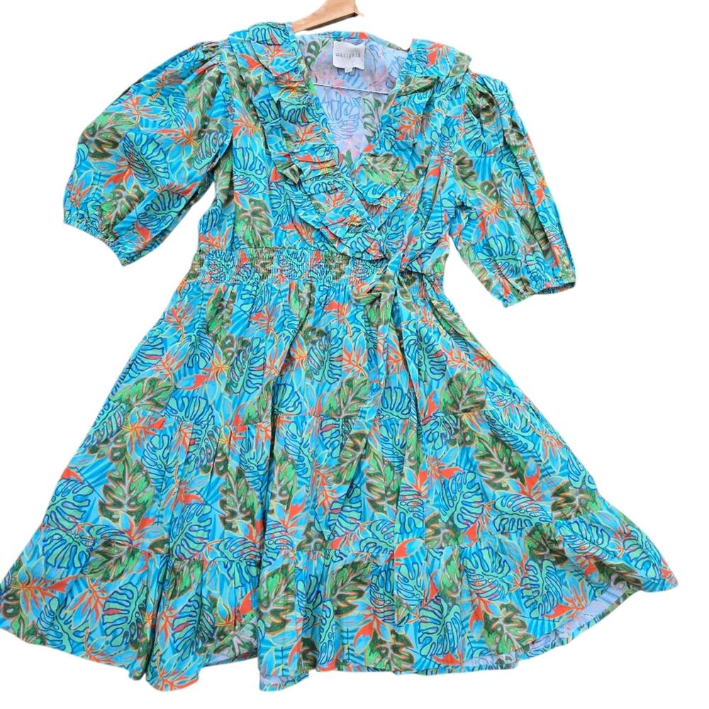 MARIGOLD by Victoria Dunn dress size XL in puff sleeve Palm‎ Leaves tropic print